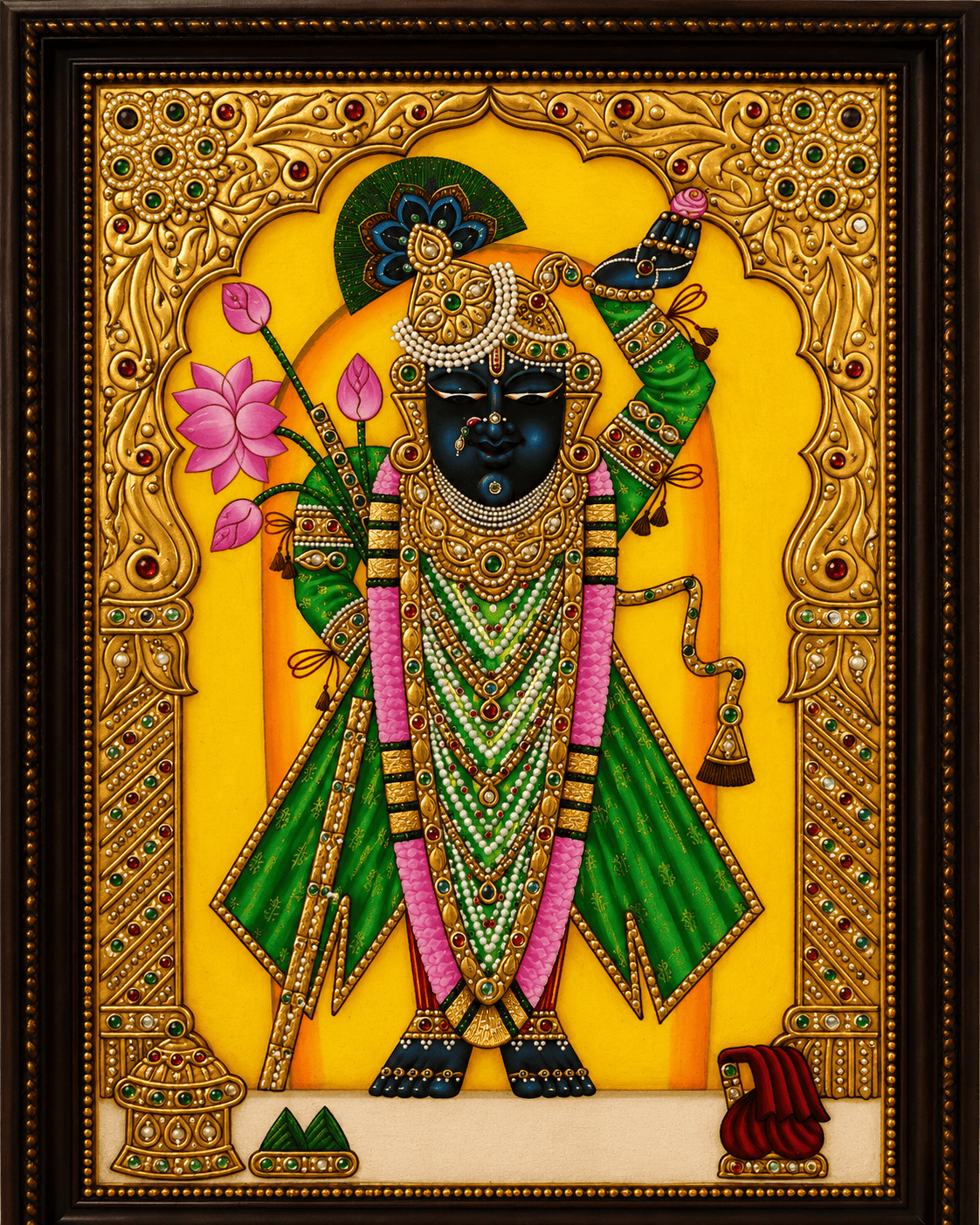 Shrinathji Tanjore Painting with Yellow Backdrop and Green Attire — Handmade by Nathdwara Artisans